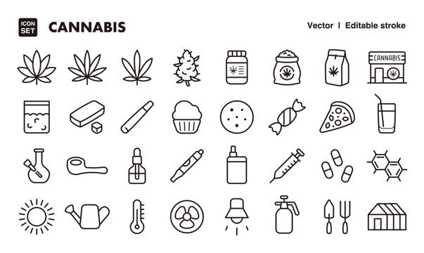 Cannabis product line icon set. Vector editable stroke icon.