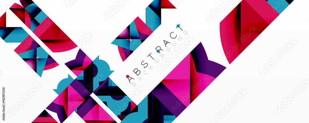 Poster geometric shapes overlap, creating vibrant colorful design. modern abstract background features pink