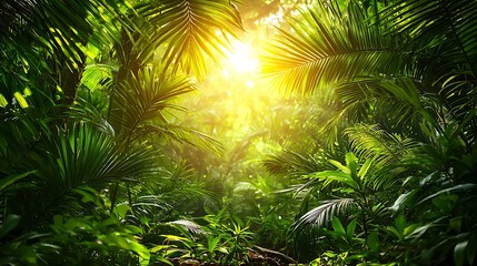 Lush rainforest canopy, sunlight filtering through dense foliage