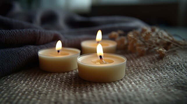 Softly glowing organic candles on rustic linen with dried flowers in natural light