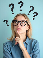Intrigued blonde woman contemplating difficult questions, with a light blue background