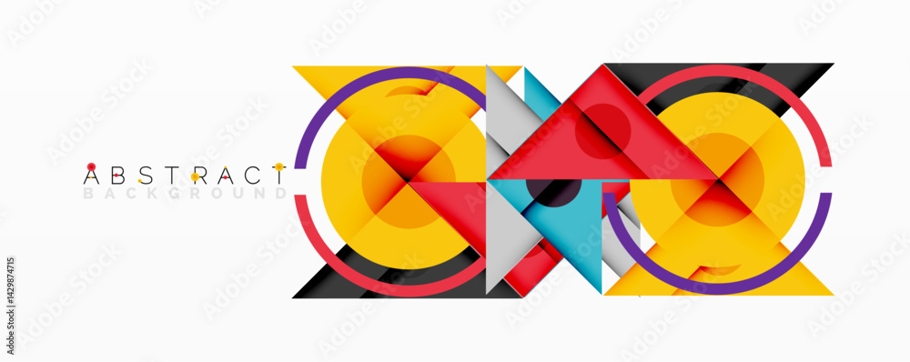 Poster Bright geometric shapes overlap creating dynamic abstract composition. Yellow dominates with purple, red accents. Modern design element.