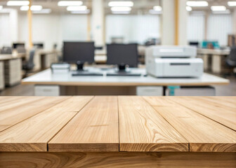 Office interior with wooden table in the foreground