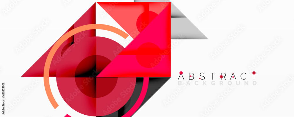 Poster Geometric shapes overlap, creating dynamic composition. Red, orange, gray tones dominate design. Minimalist aesthetic, modern feel.