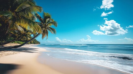 Fototapeta premium Tropical beach with palm trees and blue water. Perfect for a relaxing getaway.