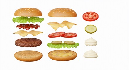 A detailed view of separated burger ingredients with buns, patty, and various toppings isolated