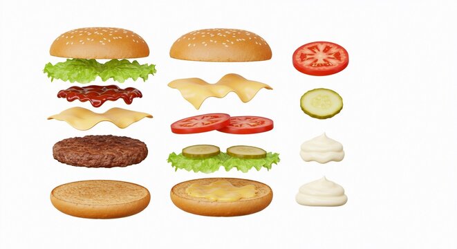 A detailed view of separated burger ingredients with buns, patty, and various toppings isolated