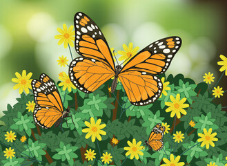 Monarch Butterflies on Yellow Flowers in Spring