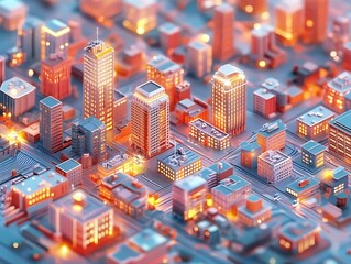Obraz premium Geometric city skyline, digital art, urban design, glowing buildings, 3D model, architectural rendering, use background/illustration