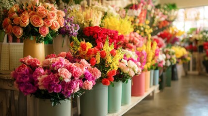 Fototapeta premium Colorful floral display showcasing various bouquets in a flower shop.