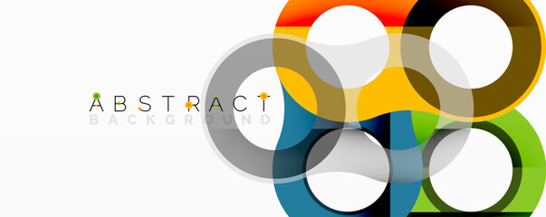 Colorful overlapping circles create modern abstract design. Bright hues blend, forming dynamic visual composition. Simple, clean aesthetic.
