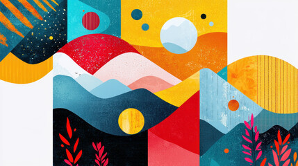 Obraz premium Abstract colorful landscape painting with vibrant geometric shapes, bold patterns, textured surface, various bright hues, and artistic style for modern decor