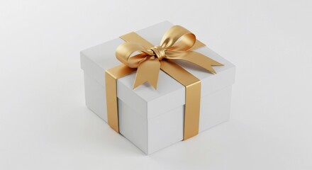 Fototapeta premium A white gift box with a gold ribbon and bow on a white background in a studio setting with soft lighting
