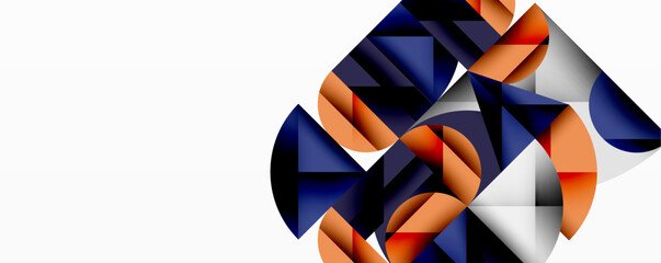 Abstract geometric shapes overlap, creating dynamic composition. Blue, orange, white tones dominate design. Modern aesthetic.