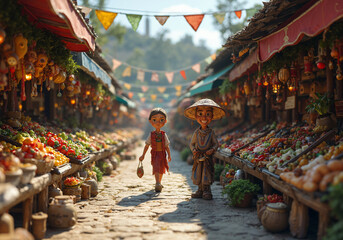 Obraz premium Miniature south east asian market with people