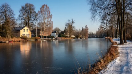 Obraz premium Frozen canal, winter village houses, sunny morning