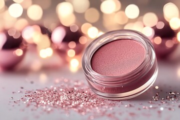 Pink blush compact on glitter, festive bokeh background. Possible use for beauty product ads or makeup tutorials