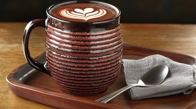 Warmly colored mug of rich, frothy hot chocolate.