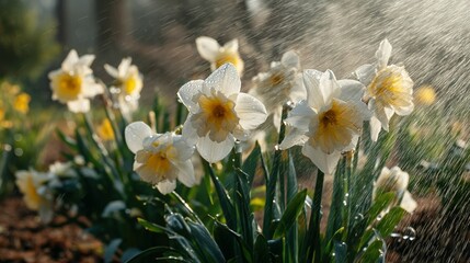 Obraz premium Springtime daffodils bathed in morning watering spray.