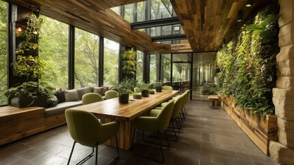 Fototapeta premium Sleek Wooden Conference Table and Chairs in Modern Restaurant Interior – Warm Visual Ambience for Hospitality Branding and Event Design