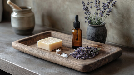 A refined spa composition with soap, serum dropper, sea salt, and dried lavender on a wooden tray