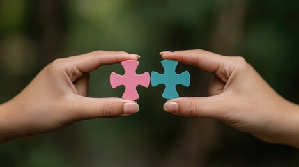 Connection and Unity Concept: Hands Holding Pink and Blue Puzzle Pieces Outdoors