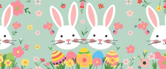 Obraz premium Simple vector bunny face seamless pattern with Easter eggs and floral elements, black, design