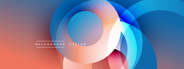 Abstract circles overlap, creating vibrant gradients. Colors blend from coral to blue, forming modern design. Smooth transitions dominate composition.