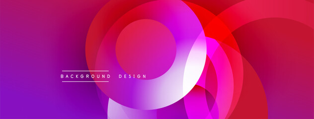 Abstract circles overlap, creating vibrant gradients. Purple, red hues dominate design. Modern aesthetic, smooth transitions present.