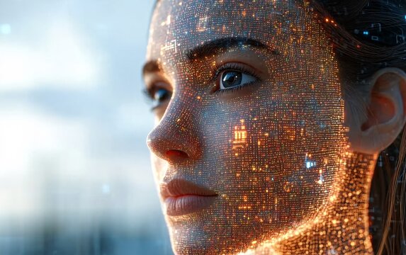 future technology concept of human face with digital data overlay and cybernetic graphics
