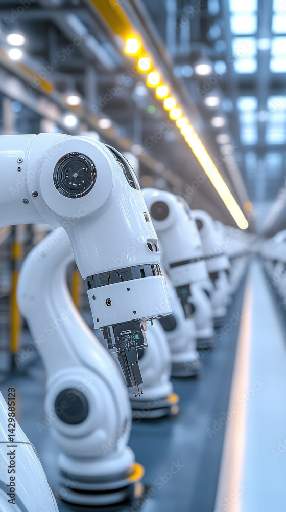 Poster a row of robots are lined up in a factory. the robots are white and have a metallic appearance. conc