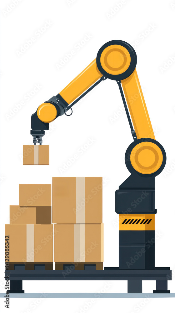 Poster a robot is lifting a box from a stack of boxes. the robot is yellow and black. the boxes are brown a