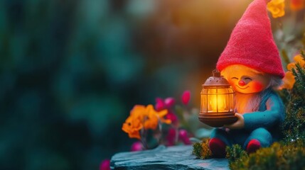 Naklejka premium A cheerful gnome with a red hat holds a glowing lantern while seated on a stone in a vibrant garden filled with flowers at dusk