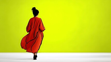Stylish Woman in Red Dress  Minimalist Green Background  Fashion Photography