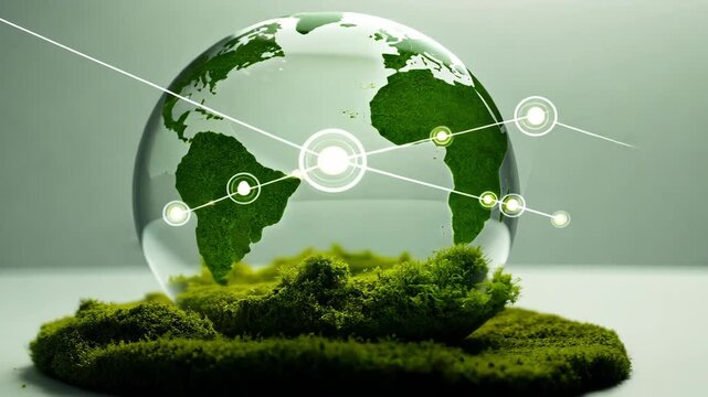 Glass Egg Shaped World Globe with Green Moss and Network Connections Representing Eco-Friendly Global Awareness and Sustainability Initiatives