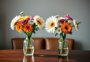 Two identical vases with matching flower arrangements symmetrically placed on a table, still life, balance