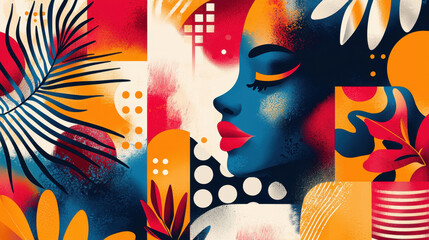 Vibrant abstract portrait of a woman with colorful floral and natural patterns, blending bold colors, detailed textures, and expressive artistic elements