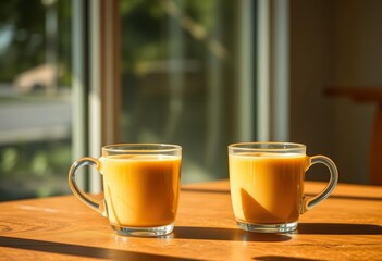 Obraz premium Two mugs of coffee on a table, sunlight streaming in, bond, sunlight