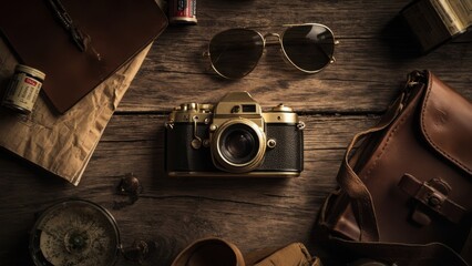Vintage camera with sunglasses and travel gear