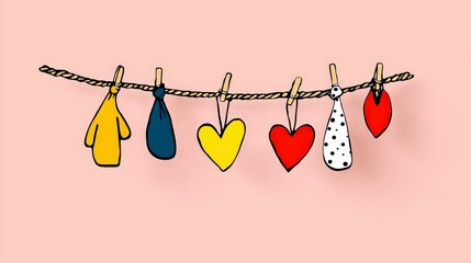 Colorful Hearts   Clothespins Hanging on Pink  Minimalist Art  Craft  Valentine s Day