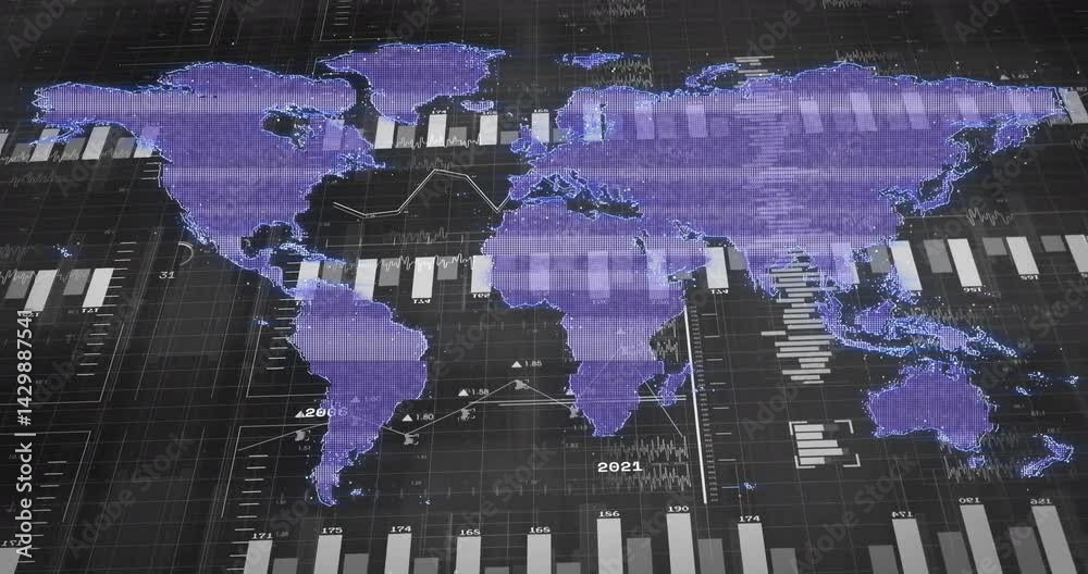 Poster showing purple dot-matrix world map with shifting bar charts and line graphs in 3d hud
