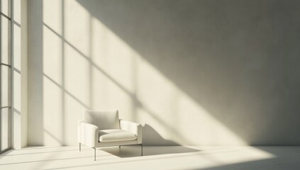 Modern minimalist interior, single chair, bright sunlight
