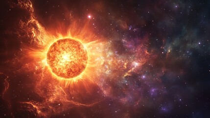 Obraz premium A fiery sun with nebula clouds and stars creating a cosmic celestial scene in the vast expanse of space