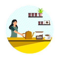 French press concept. French press coffee maker pouring coffee into cup.