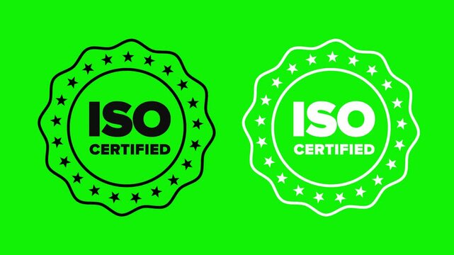 ISO Certified Badge Logo Animation on Bright Green Screen  Generic Quality Assurance Seal Loop for Compliance, Corporate Standards, and Certification 