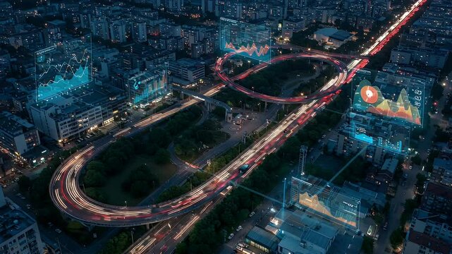Nighttime metropolis highway with illuminated data visualizations and traffic flow