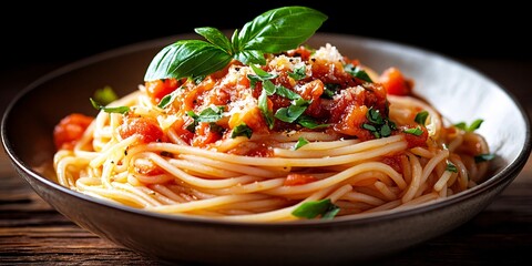 delicious spaghetti with tomato sauce and fresh basil in a black bowl for italian cuisine and pasta lovers