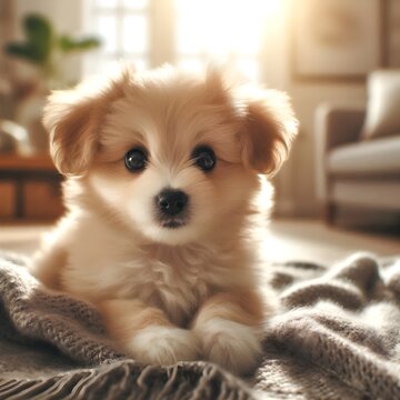 An Exquisitely Fluffy and Small Puppy, Possibly a Pomapoo, Pomeranian, or Eskapoo, with Captivating Dark Eyes Resting Peacefully on a Soft Blanket.

