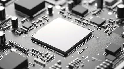 close-up of electronic circuit board with microchip and components