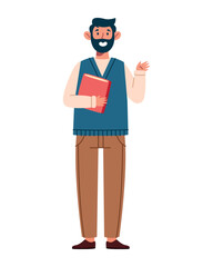Bearded Teacher Waving Holding Book Friendly Character Education Cartoon